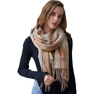 Women Beige Check Winter Warm Shawl Wraps Tartan Blanket Oversized Scarves